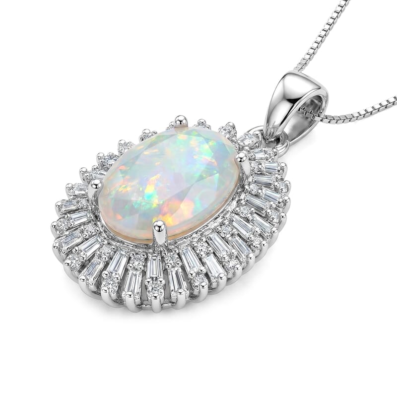 D'Joy Premium Ethiopian Welo Opal and Moissanite 4.90 ctw Moonlit Radiance Pendant Necklace in Rhodium Over Sterling Silver 20 Inches