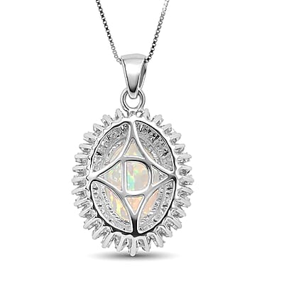 D'Joy Premium Ethiopian Welo Opal and Moissanite 4.90 ctw Moonlit Radiance Pendant Necklace in Rhodium Over Sterling Silver 20 Inches