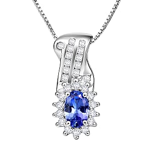 D'Joy AAA Tanzanite and White Zircon 1.00 ctw Grace Halo Pendant Necklace in Rhodium Over Sterling Silver 20 Inches 