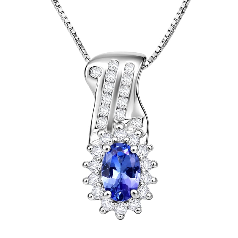 D'Joy AAA Tanzanite and White Zircon 1.00 ctw Grace Halo Pendant Necklace in Rhodium Over Sterling Silver 20 Inches