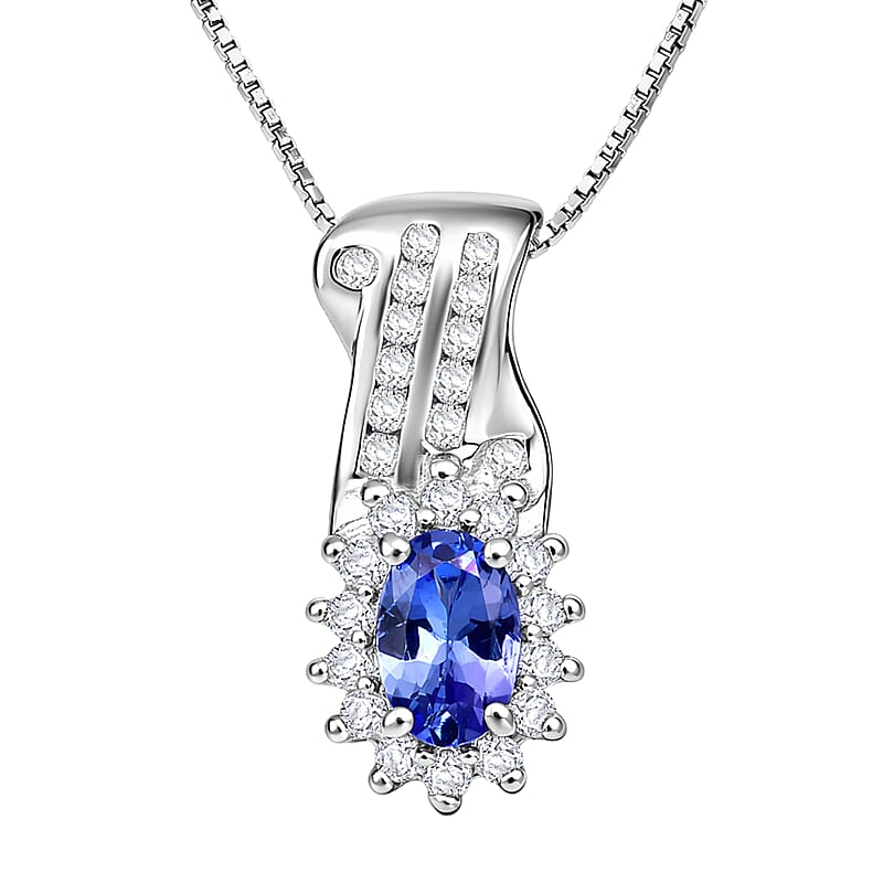 D'Joy AAA Tanzanite and White Zircon 1.00 ctw Grace Halo Pendant Necklace in Rhodium Over Sterling Silver 20 Inches