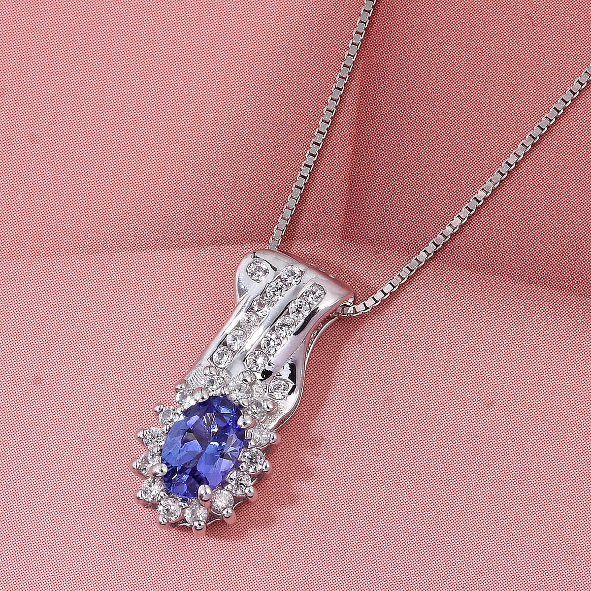 D'Joy AAA Tanzanite and White Zircon 1.00 ctw Grace Halo Pendant Necklace in Rhodium Over Sterling Silver 20 Inches  image number 1