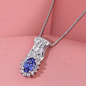 D'Joy AAA Tanzanite and White Zircon 1.00 ctw Grace Halo Pendant Necklace in Rhodium Over Sterling Silver 20 Inches 