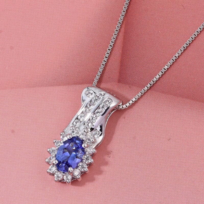 D'Joy AAA Tanzanite and White Zircon 1.00 ctw Grace Halo Pendant Necklace in Rhodium Over Sterling Silver 20 Inches