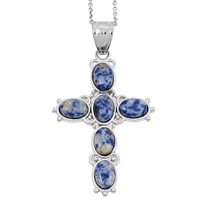 Sodalite Cross Pendant in Silvertone with Stainless Steel Necklace (20 Inches) 9.00 ctw