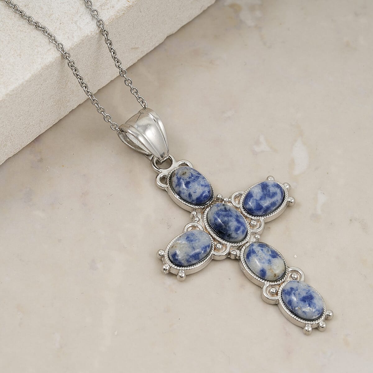 Sodalite Cross Pendant in Silvertone with Stainless Steel Necklace (20 Inches) 9.00 ctw image number 1