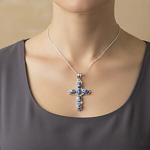 Sodalite Cross Pendant in Silvertone with Stainless Steel Necklace (20 Inches) 9.00 ctw