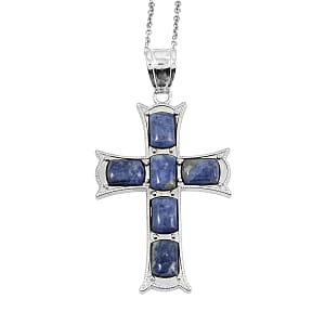 Sodalite Cross Pendant in Silvertone with Stainless Steel Necklace (20 Inches) 15.00 ctw