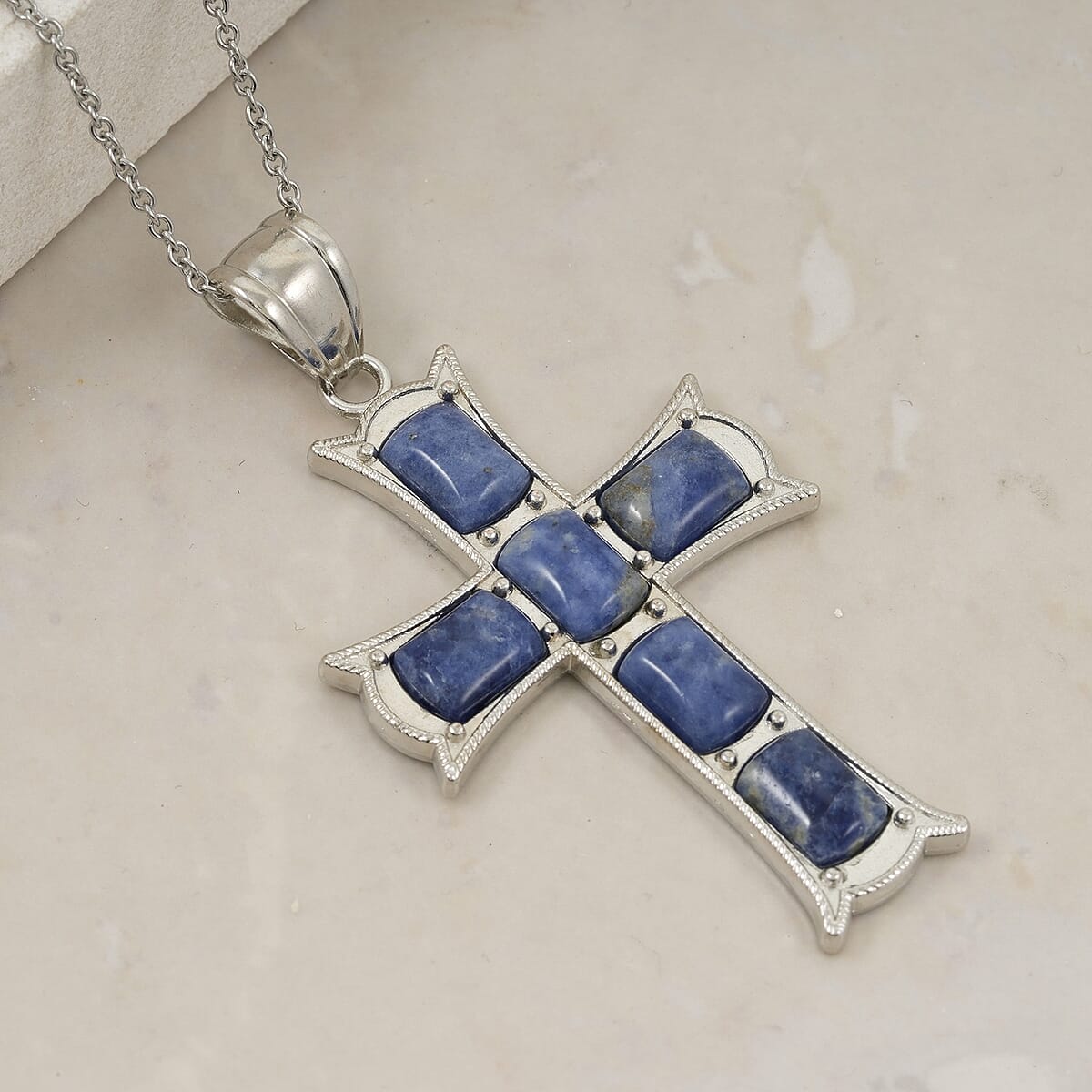 Sodalite Cross Pendant in Silvertone with Stainless Steel Necklace (20 Inches) 15.00 ctw image number 1