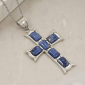 Sodalite Cross Pendant in Silvertone with Stainless Steel Necklace (20 Inches) 15.00 ctw