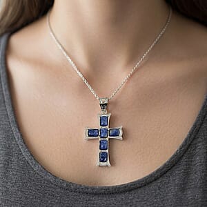 Sodalite Cross Pendant in Silvertone with Stainless Steel Necklace (20 Inches) 15.00 ctw