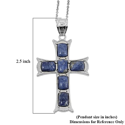 Sodalite Cross Pendant in Silvertone with Stainless Steel Necklace (20 Inches) 15.00 ctw