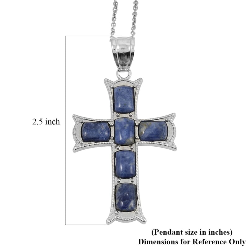 Sodalite Cross Pendant in Silvertone with Stainless Steel Necklace (20 Inches) 15.00 ctw