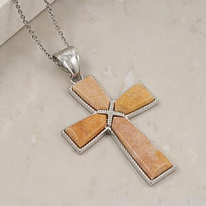Yellow Serpentine Cross Pendant in Silvertone with Stainless Steel Necklace (20 Inches) 20.00 ctw