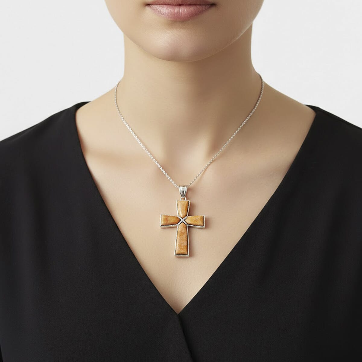 Yellow Serpentine Cross Pendant in Silvertone with Stainless Steel Necklace (20 Inches) 20.00 ctw image number 2