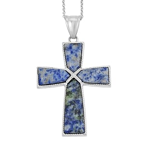 Sodalite Cross Pendant in Silvertone with Stainless Steel Necklace (20 Inches) 17.00 ctw