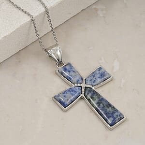 Sodalite Cross Pendant in Silvertone with Stainless Steel Necklace (20 Inches) 17.00 ctw