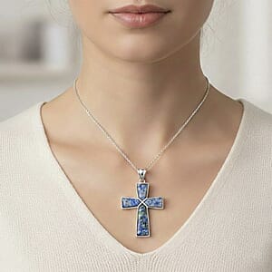 Sodalite Cross Pendant in Silvertone with Stainless Steel Necklace (20 Inches) 17.00 ctw