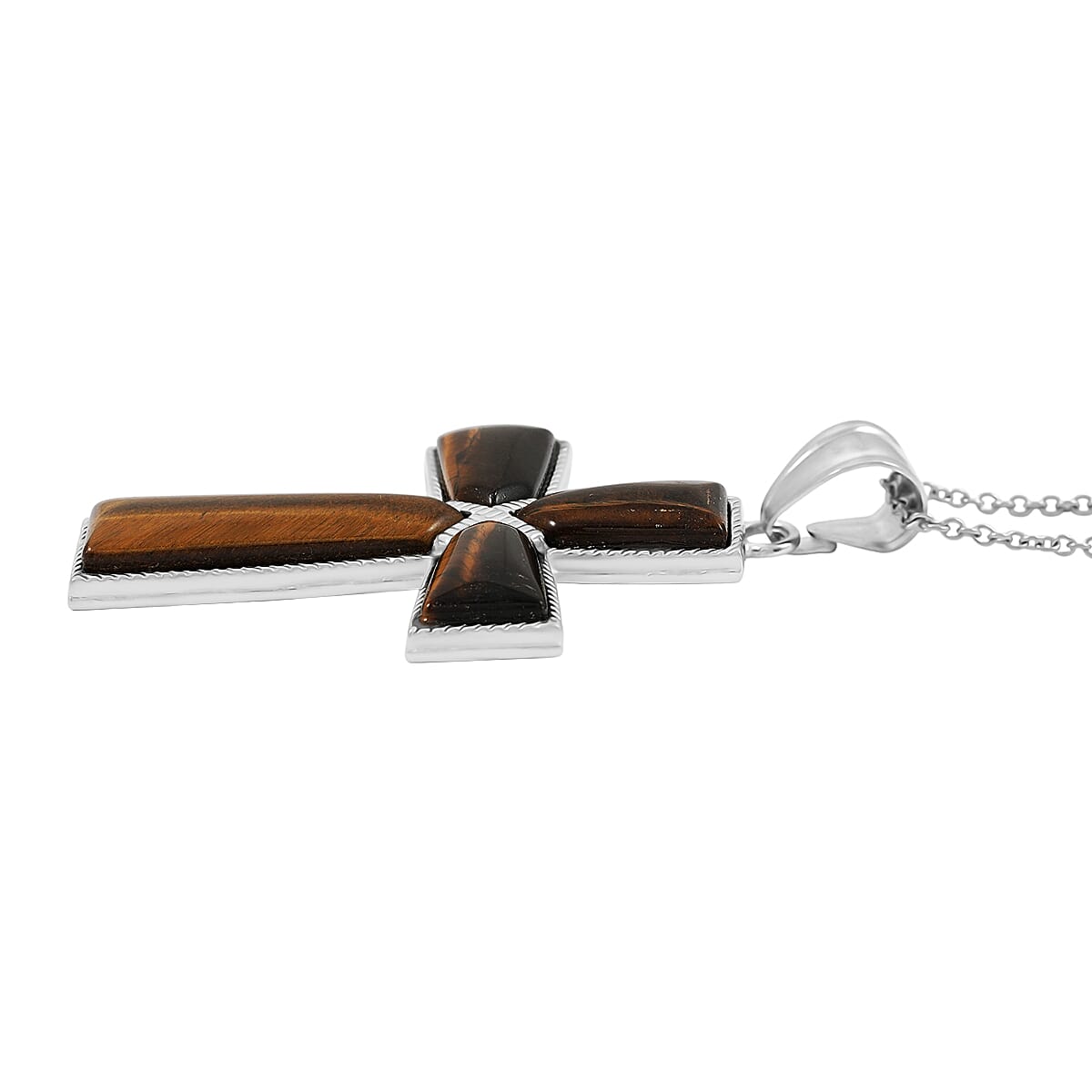 Tiger's Eye Cross Pendant in Silvertone with Stainless Steel Necklace (20 Inches) 22.00 ctw