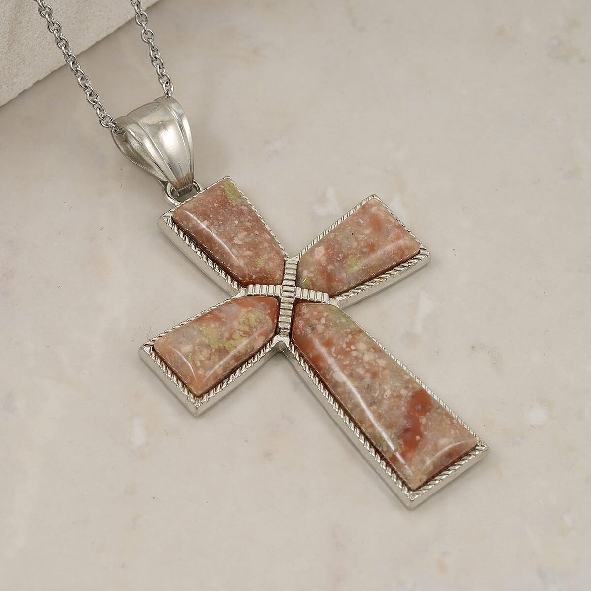 Autumn Jasper Cross Pendant in Silvertone with Stainless Steel Necklace (20 Inches) 21.00 ctw image number 1