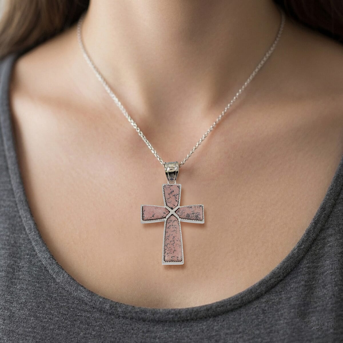 Fire Matrix Jasper Cross Pendant in Silvertone with Stainless Steel Necklace (20 Inches) 18.00 ctw image number 2