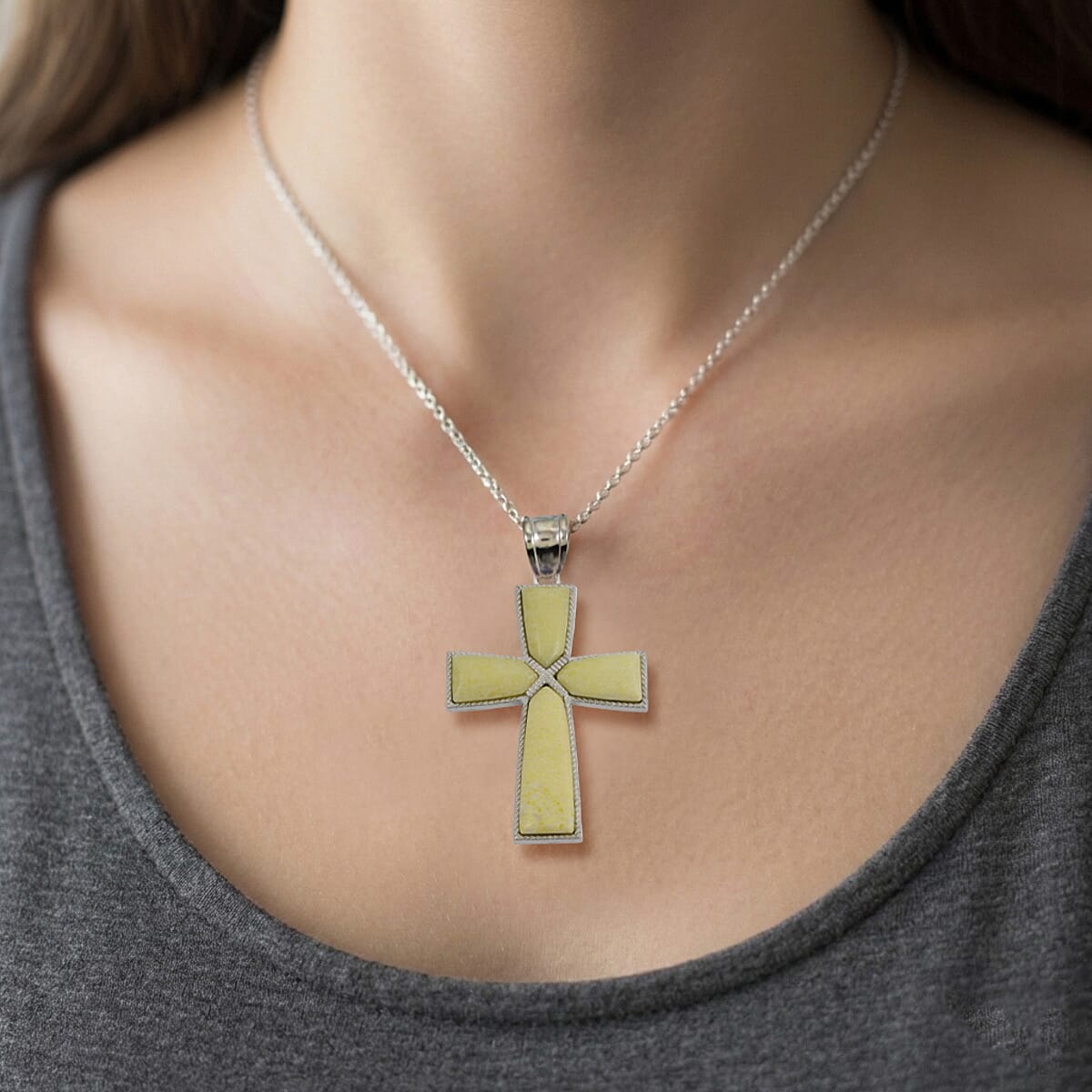 Pineapple Jasper Cross Pendant in Silvertone with Stainless Steel Necklace (20 Inches) 19.00 ctw image number 2