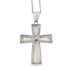 Opalite Cross Pendant in Silvertone with Stainless Steel Necklace (20 Inches) 16.00 ctw