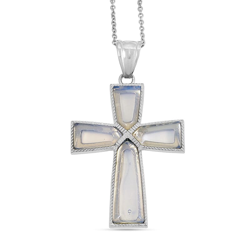 Opalite Cross Pendant in Silvertone with Stainless Steel Necklace (20 Inches) 16.00 ctw