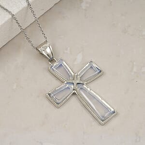 Opalite Cross Pendant in Silvertone with Stainless Steel Necklace (20 Inches) 16.00 ctw