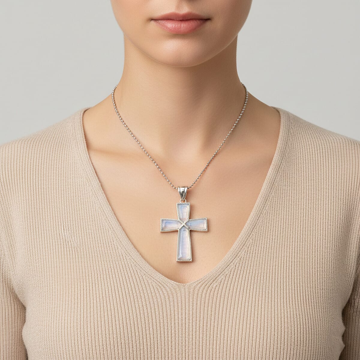 Opalite Cross Pendant in Silvertone with Stainless Steel Necklace (20 Inches) 16.00 ctw image number 2
