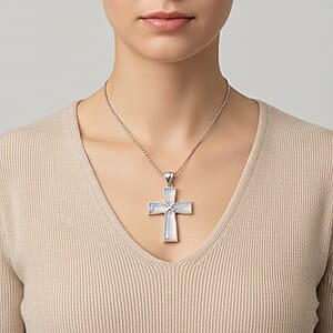 Opalite Cross Pendant in Silvertone with Stainless Steel Necklace (20 Inches) 16.00 ctw
