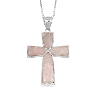 Rose Quartz Cross Pendant in Silvertone with Stainless Steel Necklace (20 Inches) 20.00 ctw