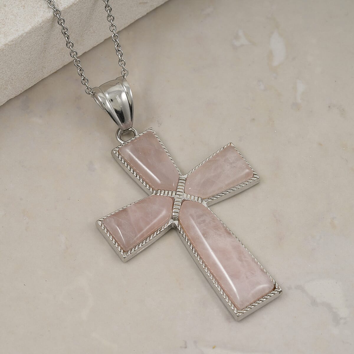 Rose Quartz Cross Pendant in Silvertone with Stainless Steel Necklace (20 Inches) 20.00 ctw image number 1