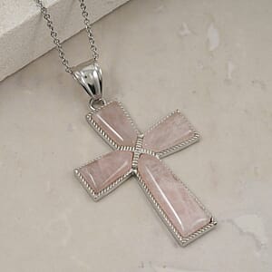 Rose Quartz Cross Pendant in Silvertone with Stainless Steel Necklace (20 Inches) 20.00 ctw