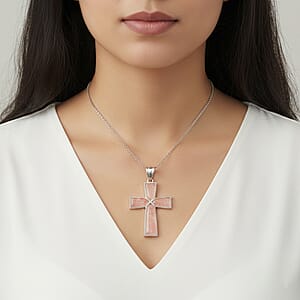 Rose Quartz Cross Pendant in Silvertone with Stainless Steel Necklace (20 Inches) 20.00 ctw