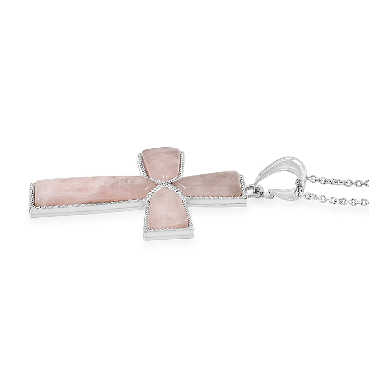 Rose Quartz Cross Pendant in Silvertone with Stainless Steel Necklace (20 Inches) 20.00 ctw image number 3