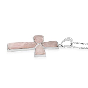 Rose Quartz Cross Pendant in Silvertone with Stainless Steel Necklace (20 Inches) 20.00 ctw