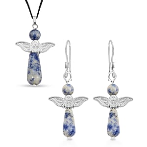 2 Piece Set - Sodalite Angel Adjustable Black Cord Necklace (14 Inches) and Earrings in Silvertone 27.00 ctw