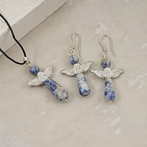 2 Piece Set - Sodalite Angel Adjustable Black Cord Necklace (14 Inches) and Earrings in Silvertone 27.00 ctw