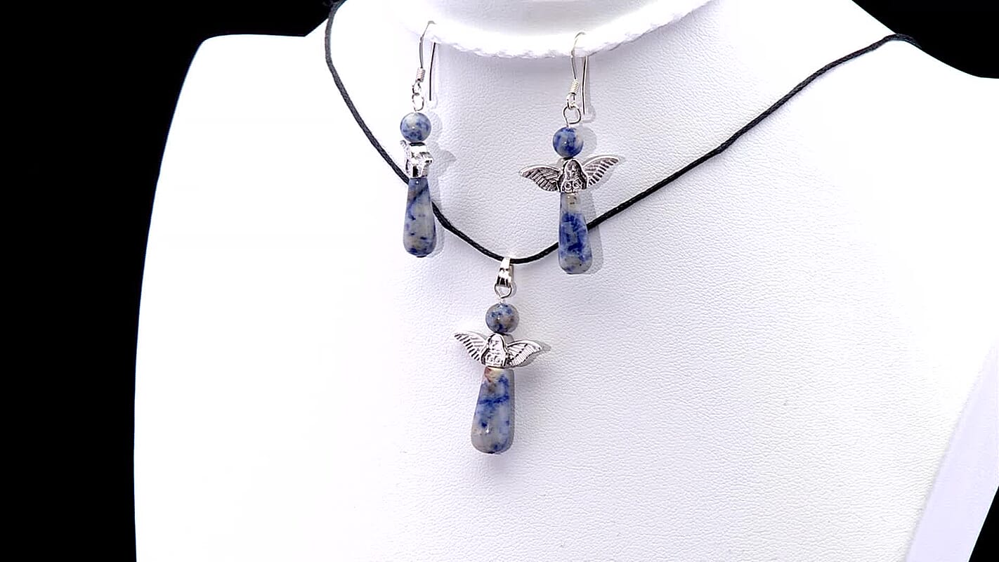 2 Piece Set - Sodalite Angel Adjustable Black Cord Necklace (14 Inches) and Earrings in Silvertone 27.00 ctw