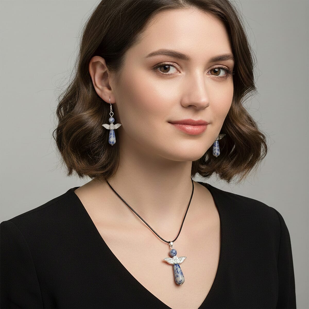 2 Piece Set - Sodalite Angel Adjustable Black Cord Necklace (14 Inches) and Earrings in Silvertone 27.00 ctw image number 2