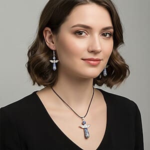2 Piece Set - Sodalite Angel Adjustable Black Cord Necklace (14 Inches) and Earrings in Silvertone 27.00 ctw