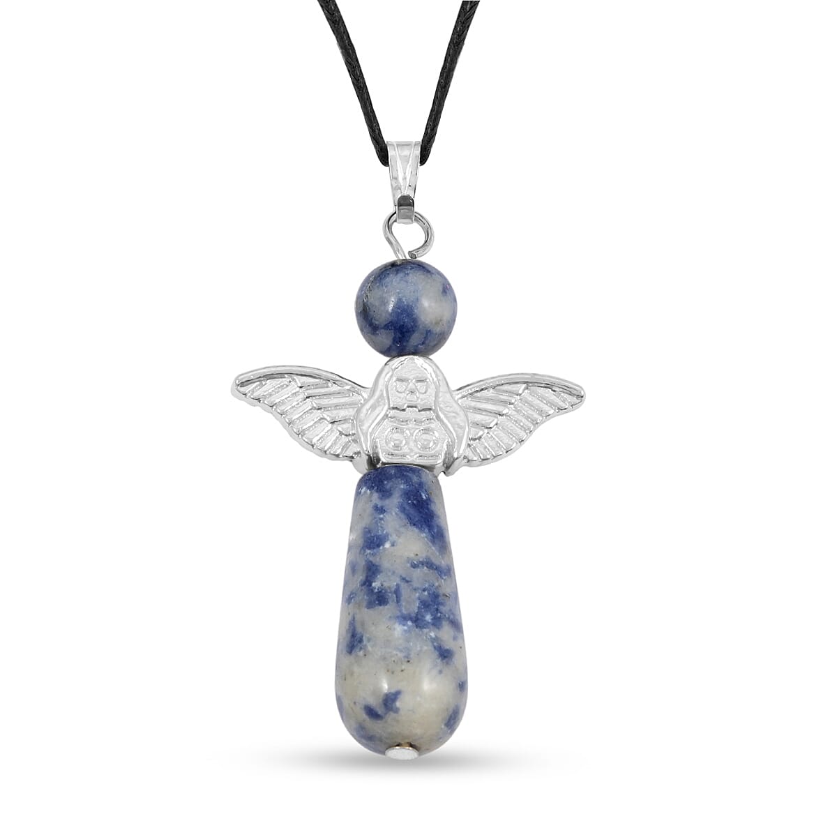 2 Piece Set - Sodalite Angel Adjustable Black Cord Necklace (14 Inches) and Earrings in Silvertone 27.00 ctw image number 3