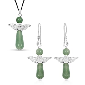 2 Piece Set - Green Aventurine Angel Adjustable Black Cord Necklace (14 Inches) and Earrings in Silvertone 28.50 ctw