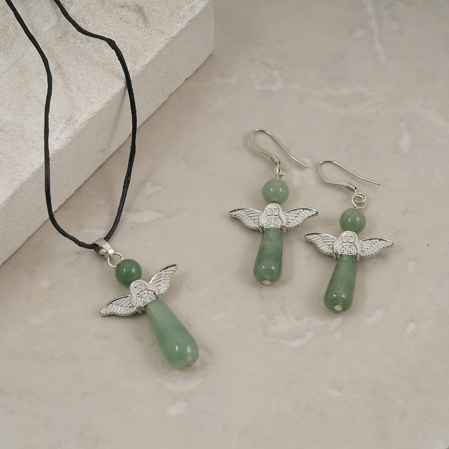 Green Aventurine Angel Adjustable Black Cord Necklace (14 Inches) and Earrings in Silvertone 28.50 ctw