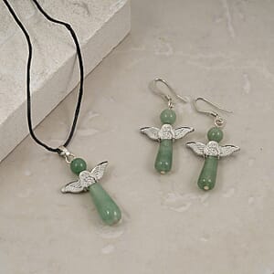 2 Piece Set - Green Aventurine Angel Adjustable Black Cord Necklace (14 Inches) and Earrings in Silvertone 28.50 ctw