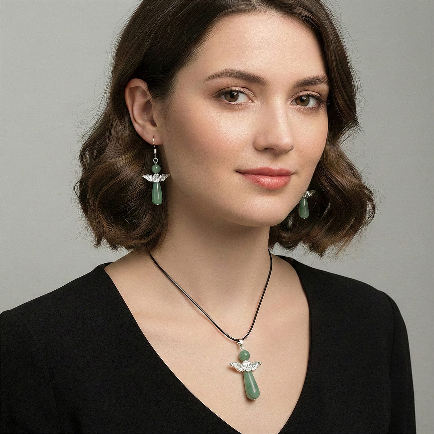 Green Aventurine Angel Adjustable Black Cord Necklace (14 Inches) and Earrings in Silvertone 28.50 ctw