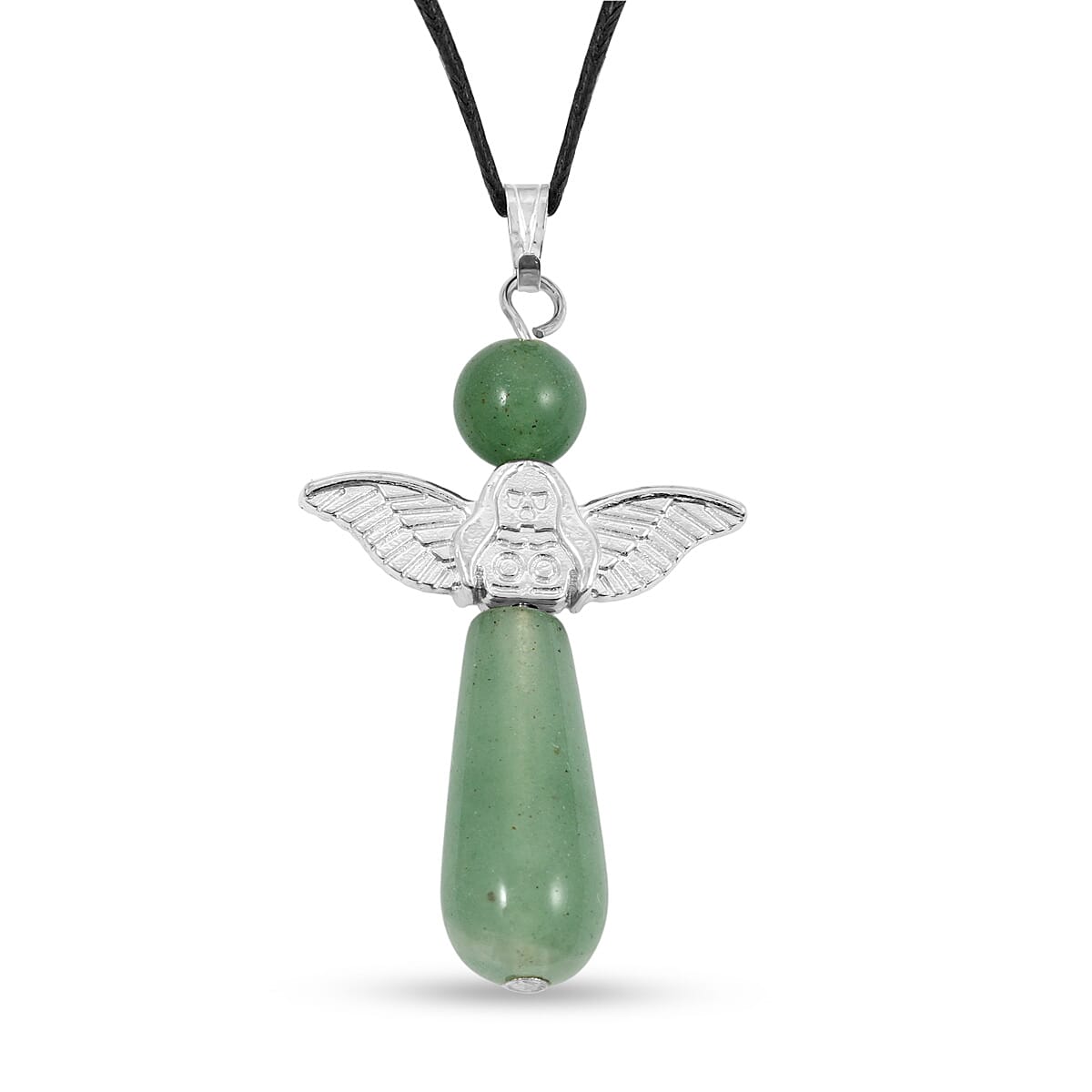 Green Aventurine Angel Adjustable Black Cord Necklace (14 Inches) and Earrings in Silvertone 28.50 ctw