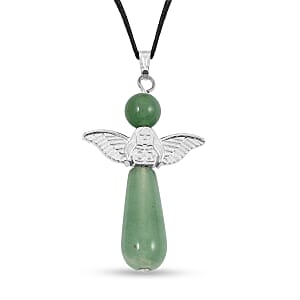 2 Piece Set - Green Aventurine Angel Adjustable Black Cord Necklace (14 Inches) and Earrings in Silvertone 28.50 ctw