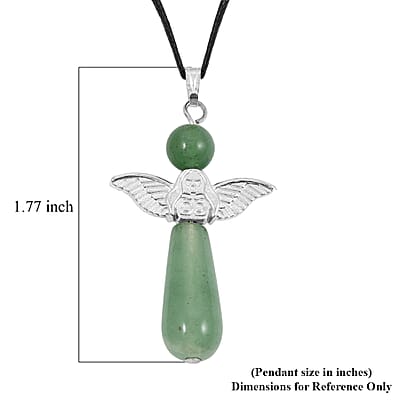 Green Aventurine Angel Adjustable Black Cord Necklace (14 Inches) and Earrings in Silvertone 28.50 ctw